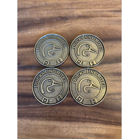 4 Vintage Ducks Unlimited Brass Coasters Mallard Ducks 3 1/4" Round Cork Backed - Picture 1 of 13